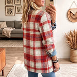 Hailey Red Plaid Denim Blazer in red and cream with blue denim trim, rear three quarter view on a model