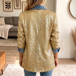 Addison Gold Glitter Denim Blazer in gold with blue denim trim, back view on a model