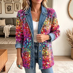 Kennedy Sequin Pattern Denim Blazer in pink, purple and blue, alternate front view on a model