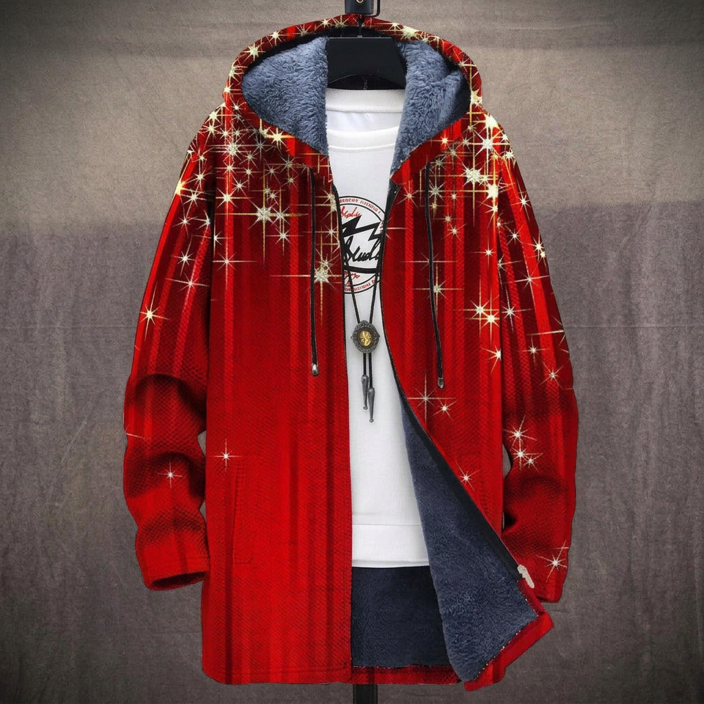 Iris sparkling star print on deep red hooded jacket, front view