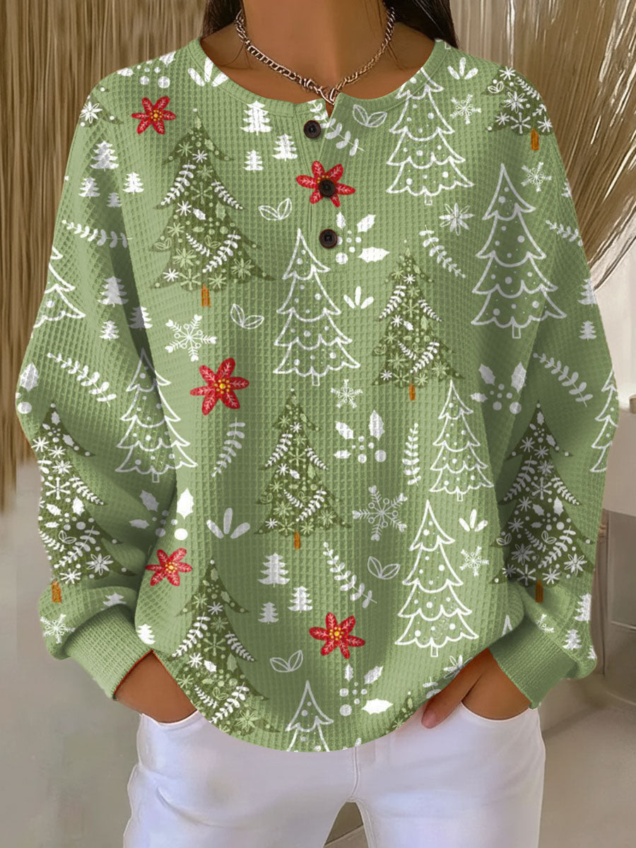 Ivy green Christmas tree waffle knit sweater, view 2