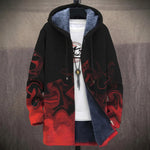 Harriet red smoke swirl print on deep black hooded jacket, front view