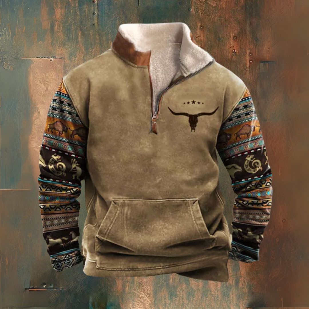 Dave | Brown Half-Zip Sweatshirt with Patterned Sleeves