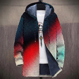 Lucille navy, red and cream pop art dot print hooded jacket, front view