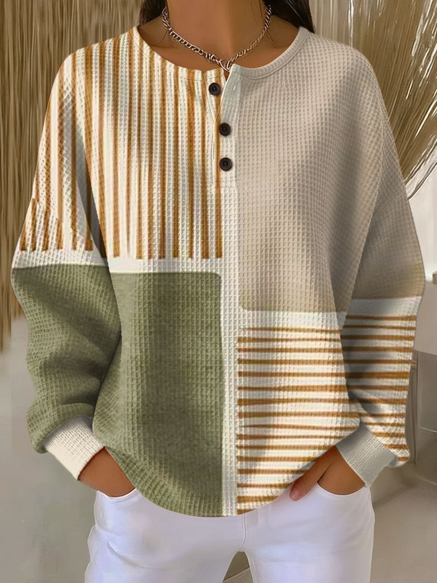 Lucy green and mustard patchwork waffle knit sweater, view 2