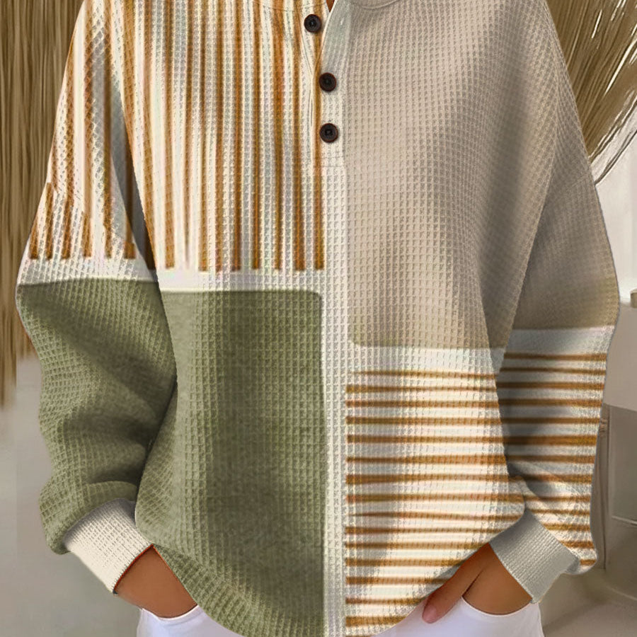 Lucy green and mustard patchwork waffle knit sweater, view 2