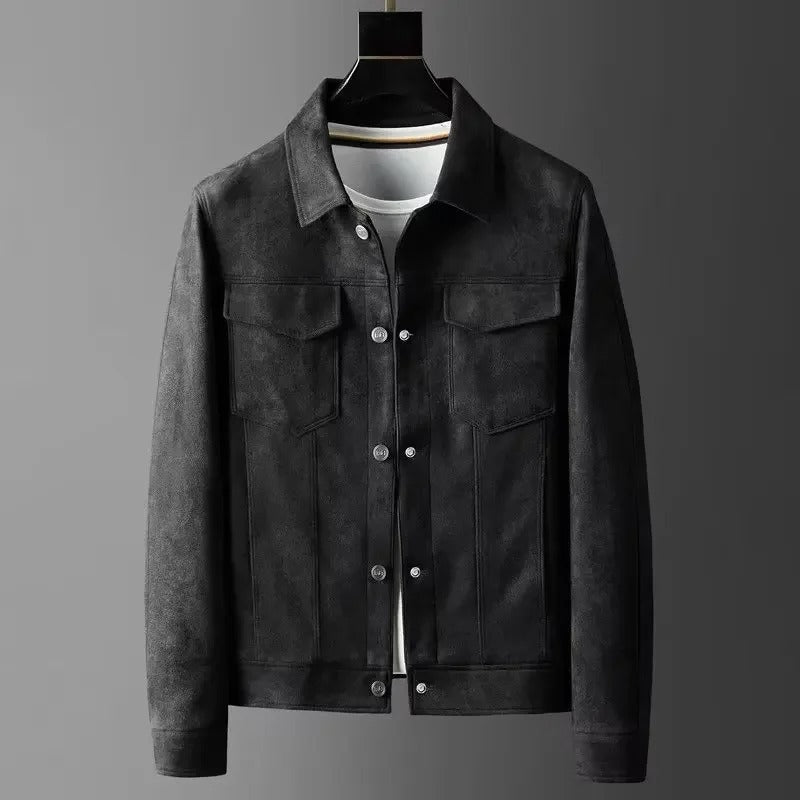 Bryan men's faux suede trucker jacket in Black, front view