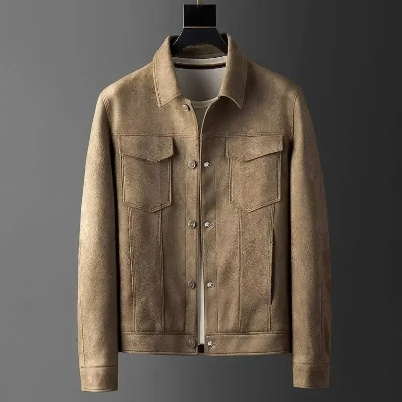 Bryan men's faux suede trucker jacket in Brown, view 2