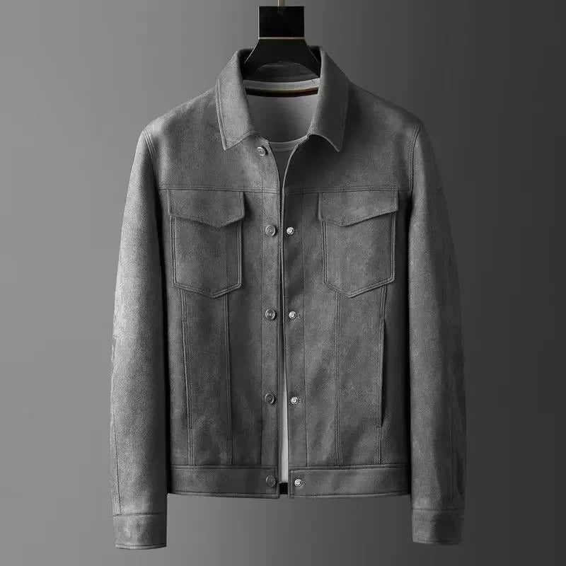 Bryan men's faux suede trucker jacket in Gray, view 3