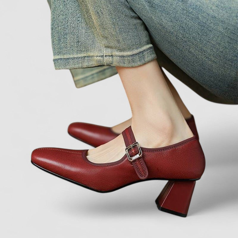 Glenda square toe block heel Mary Jane shoes in Red, view 3