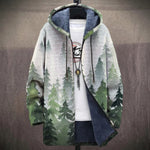 Margaret misty green spruce forest print on a light background hooded jacket, front view