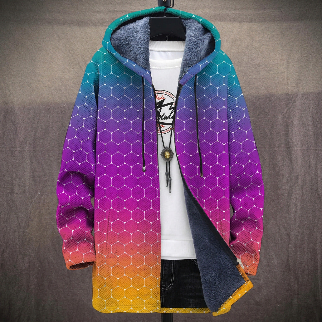 Mira rainbow hexagon print hooded fleece lined jacket, front view