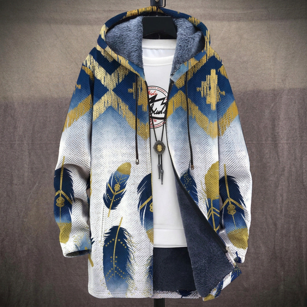 Miriam navy and gold feather print on white hooded jacket, front view