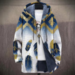 Miriam navy and gold feather print on white hooded jacket, front view