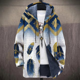 Miriam navy and gold feather print on white hooded jacket, front view