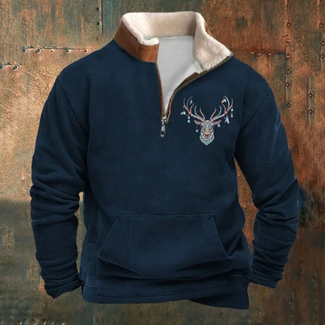 Barry | Olive Deer Motif Half-Zip Sweatshirt