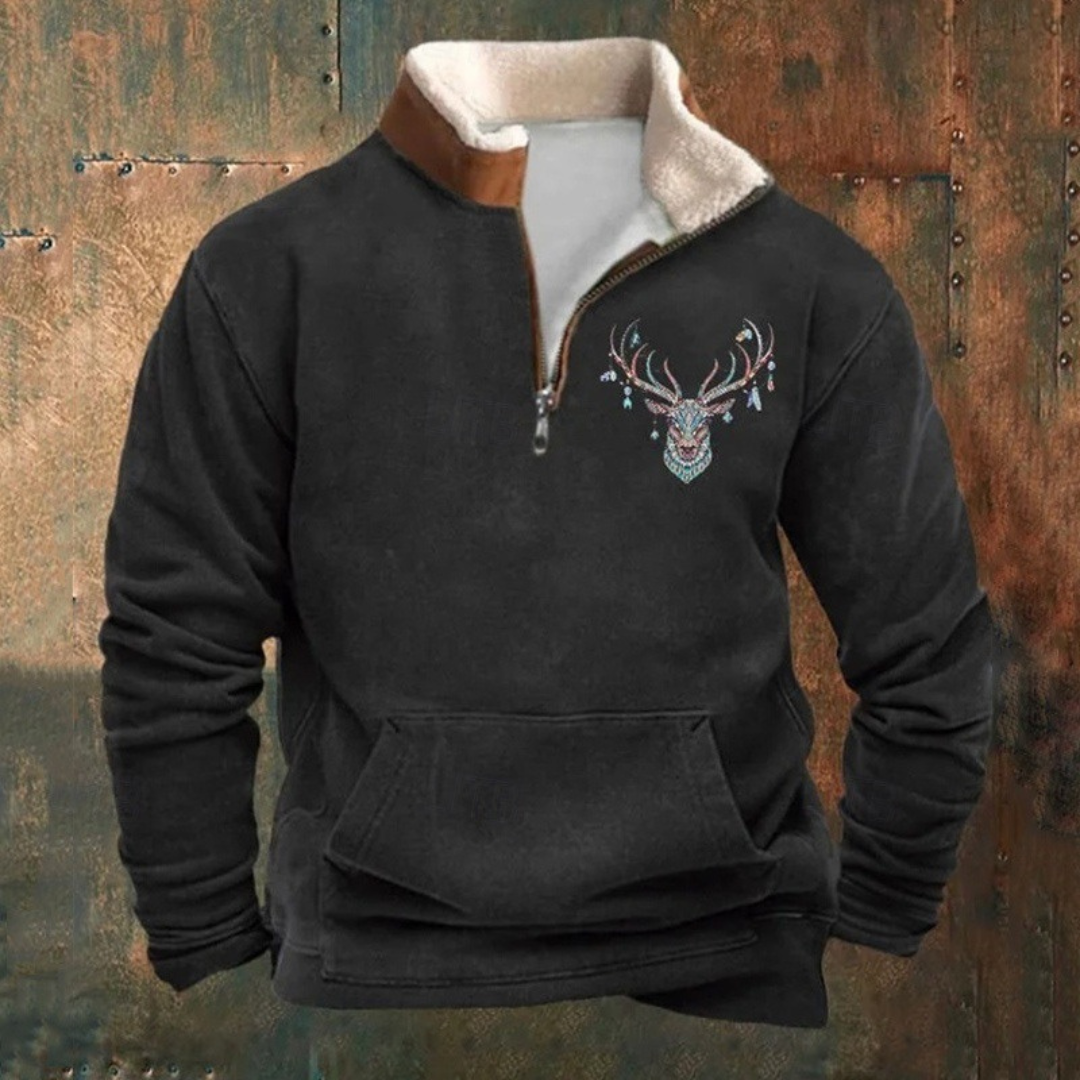 Barry | Olive Deer Motif Half-Zip Sweatshirt