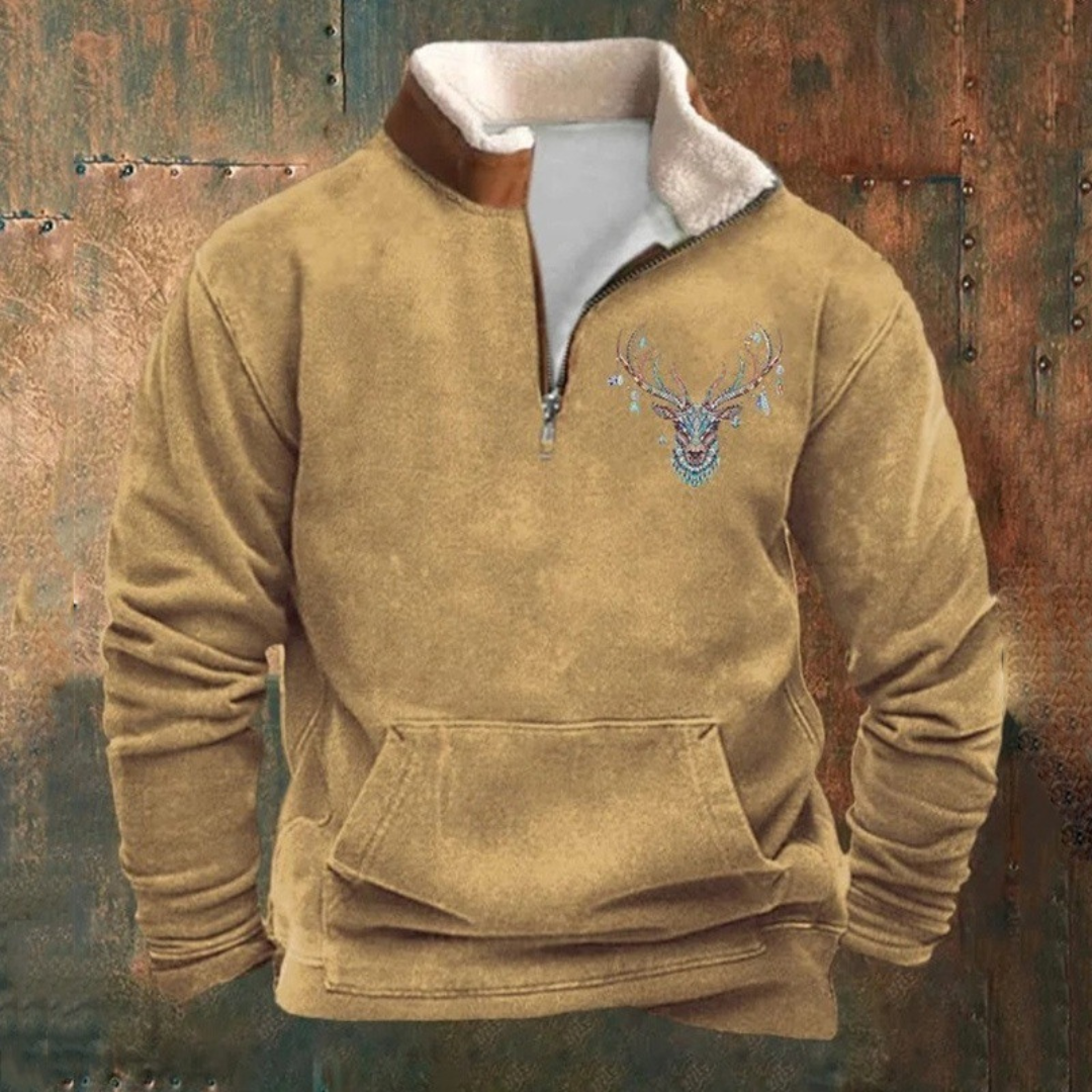 Barry | Olive Deer Motif Half-Zip Sweatshirt