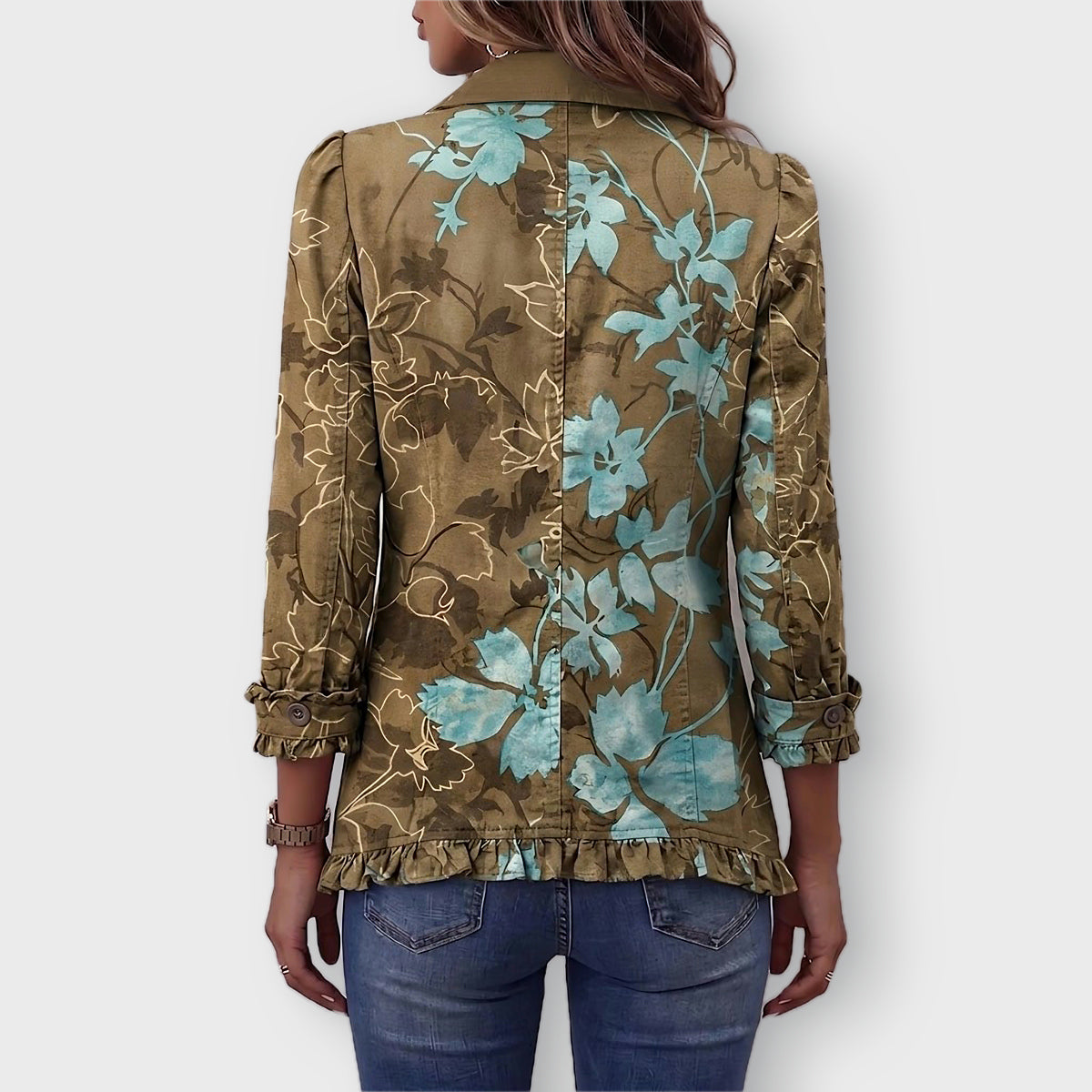 Lily boho floral ruffle jacket in Olive & Turquoise Floral, back view
