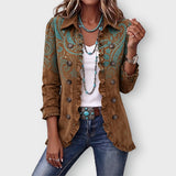 Grace paisley print ruffle jacket in Brown, front view
