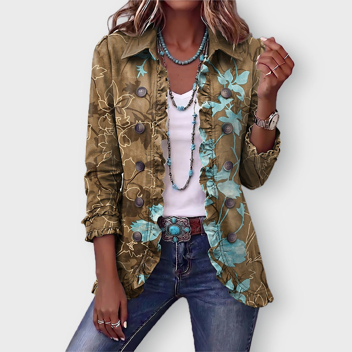 Lily boho floral ruffle jacket in Olive & Turquoise Floral, front view