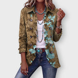 Lily boho floral ruffle jacket in Olive & Turquoise Floral, front view