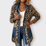 Nora leopard and denim longline jacket in Leopard, front view
