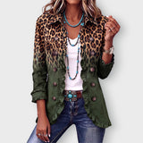 Emma leopard ombre ruffle blazer in Green, front view