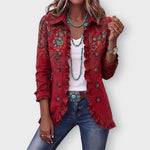 Sophia paisley ruffle jacket in Red, front view