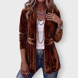 Avery velvet open front jacket in Dark Brown, front view