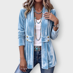 Avery velvet open front jacket in Sky Blue, front view