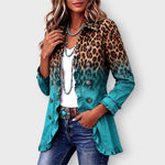 Emma leopard ombre ruffle blazer in Turquoise, front view