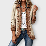 Scarlett floral ruffled jacket in Tan & Brown, front view