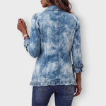 Sofia botanical print ruffle jacket in Blue, back view