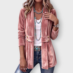 Avery velvet open front jacket in Pink, front view