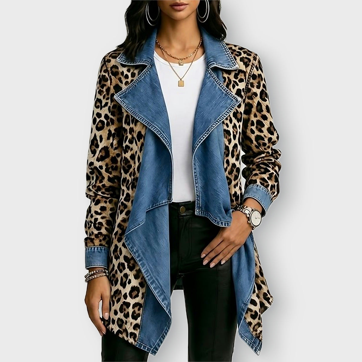 Victoria leopard and denim jacket in Khaki, front view