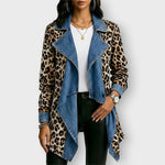 Victoria leopard and denim jacket in Khaki, front view