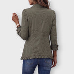 Olivia floral embroidered ruffle jacket in Retro Green, back view