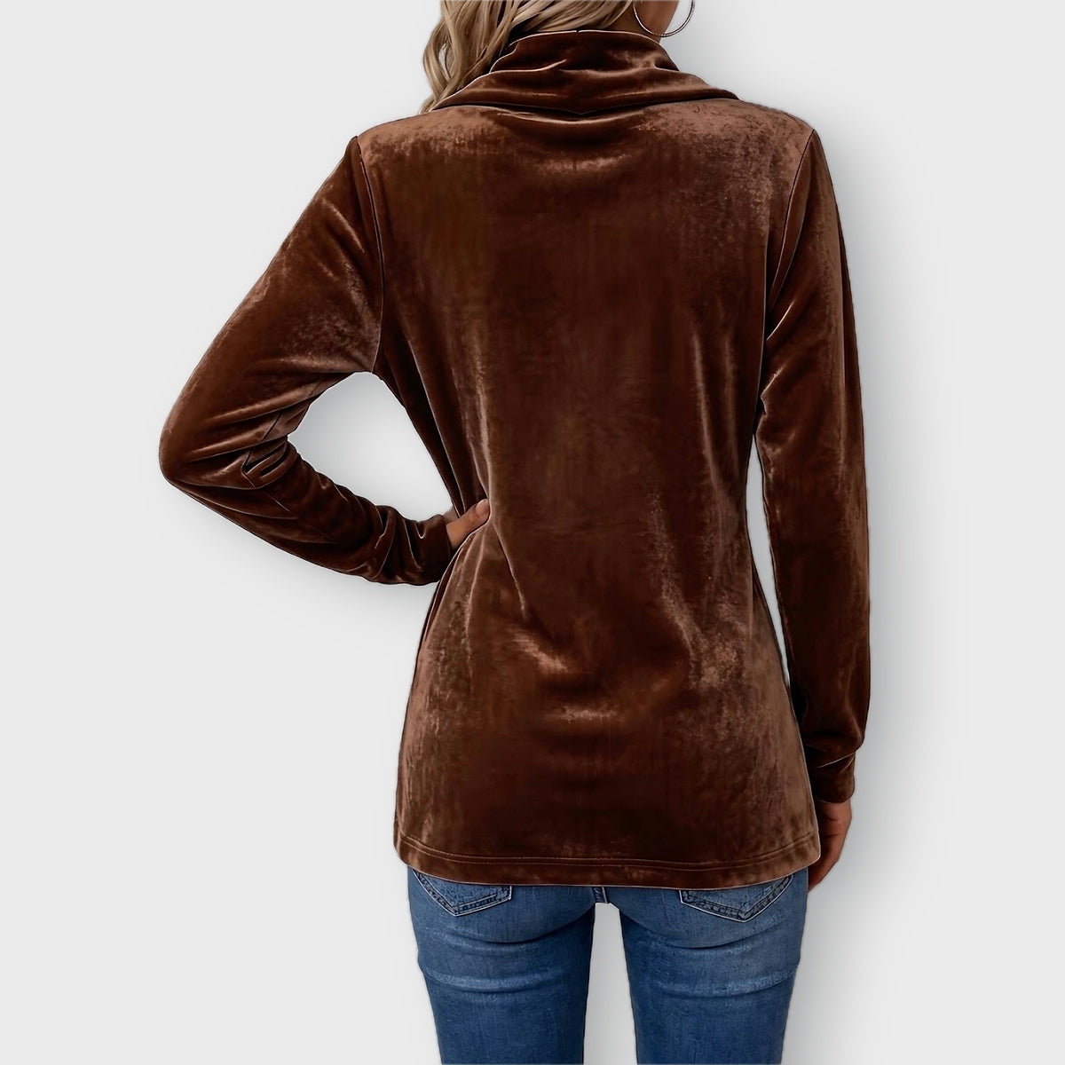 Avery velvet open front jacket in Dark Brown, back view