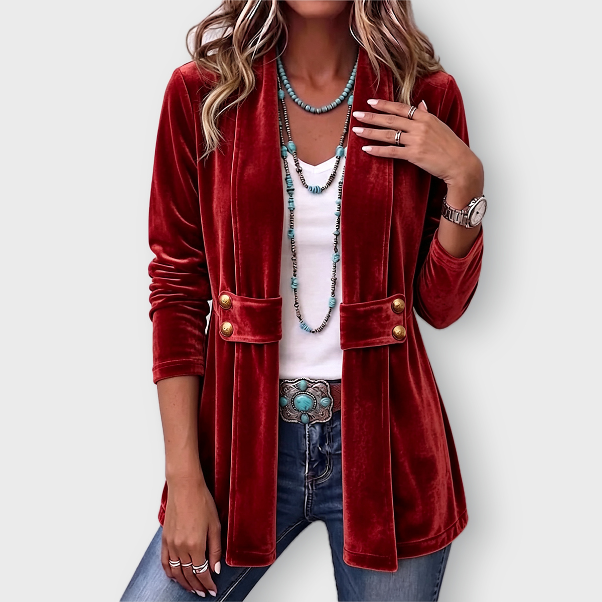 Avery velvet open front jacket in Red, front view