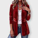 Avery velvet open front jacket in Red, front view