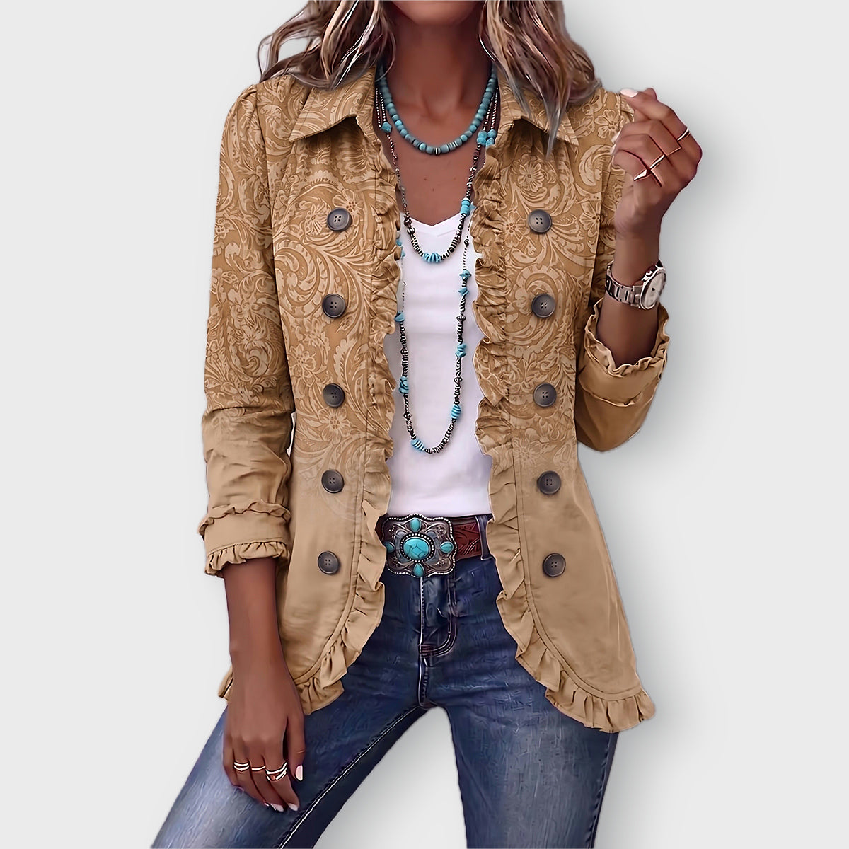 Chloe Western print ruffle jacket in Khaki, front view