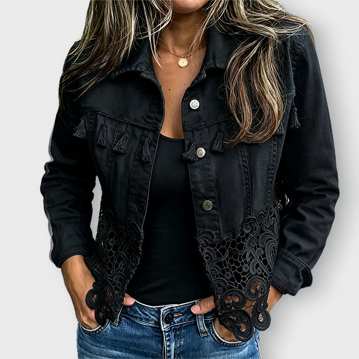 Brooklyn fringe and lace jacket in Black, front view