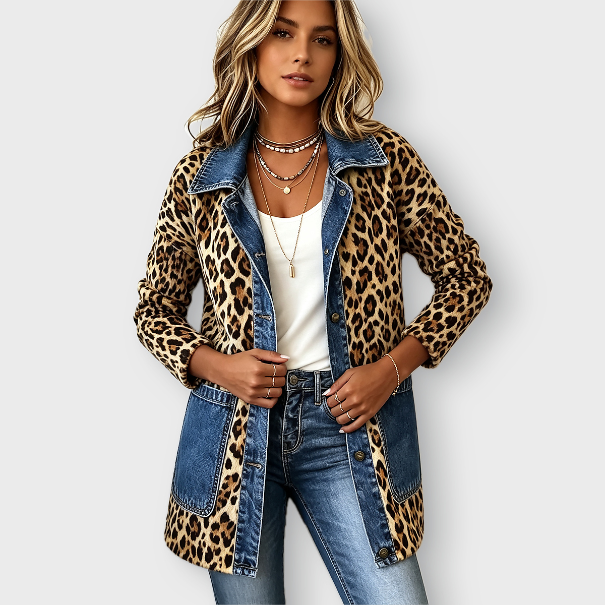 Nora leopard and denim longline jacket in Leopard, front view