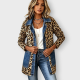 Nora leopard and denim longline jacket in Leopard, front view