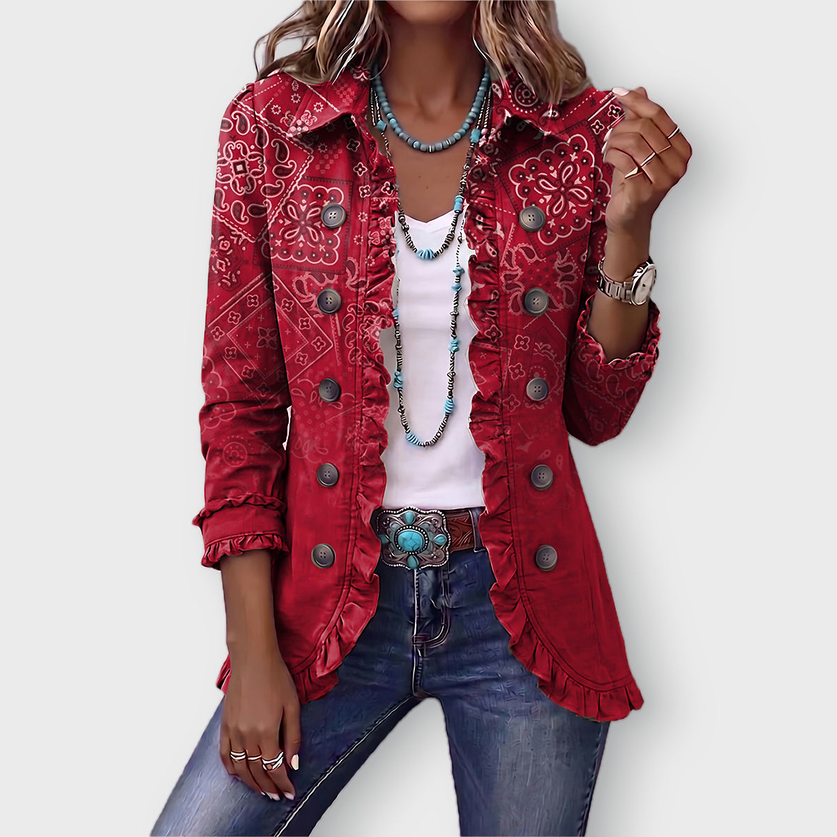 Riley paisley ombré ruffled jacket in Red, front view