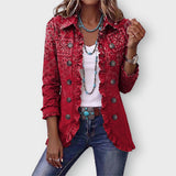 Riley paisley ombré ruffled jacket in Red, front view