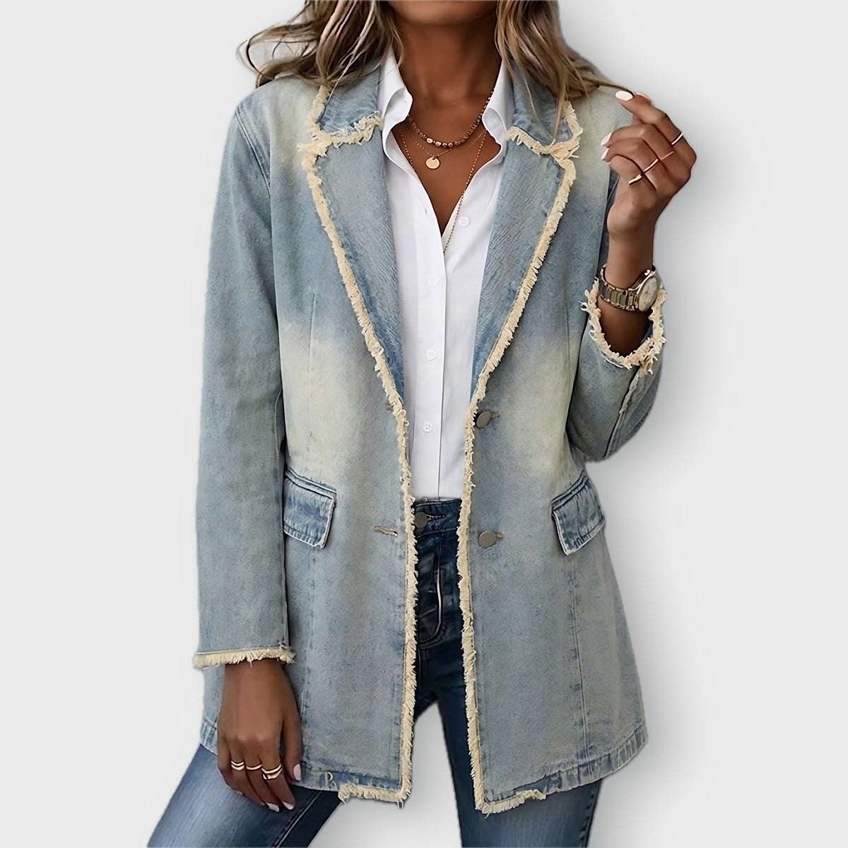 Hannah oversized light wash blazer in Light Wash Blue, front view