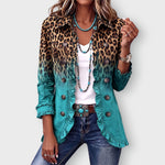 Emma leopard ombre ruffle blazer in Turquoise, front view