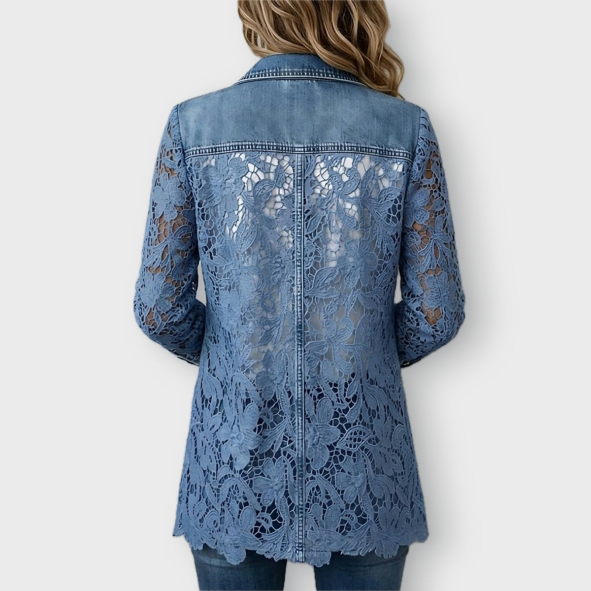 Harper floral lace blazer in Denim Blue, back view
